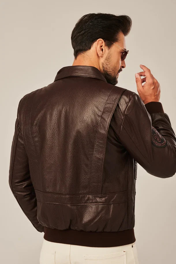 Cayden - Men's Brown Bomber Style Flight Leather Jacket