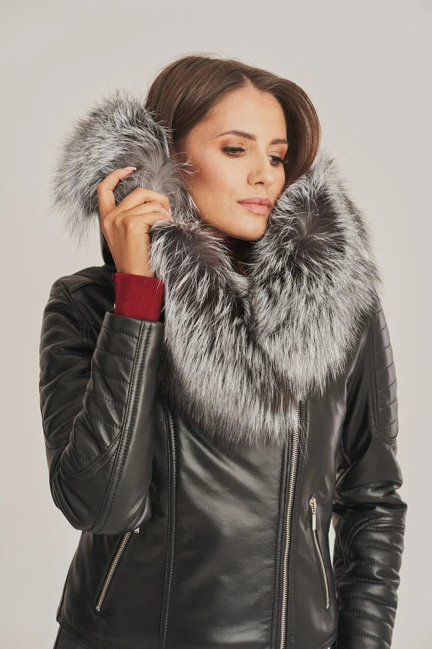 Cirelle - Women's Sheepskin Leather Jacket with Shearling Hooded