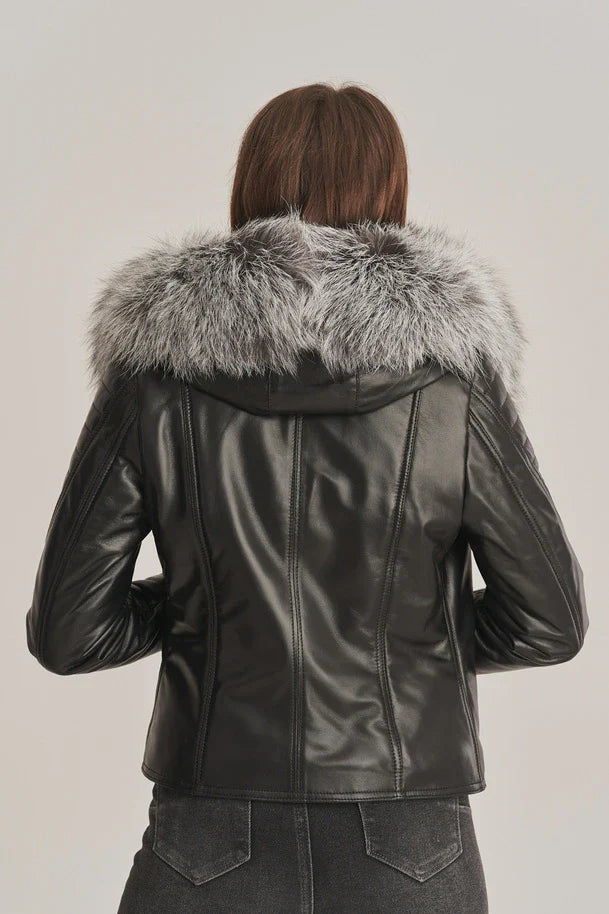 Cirelle - Women's Sheepskin Leather Jacket with Shearling Hooded