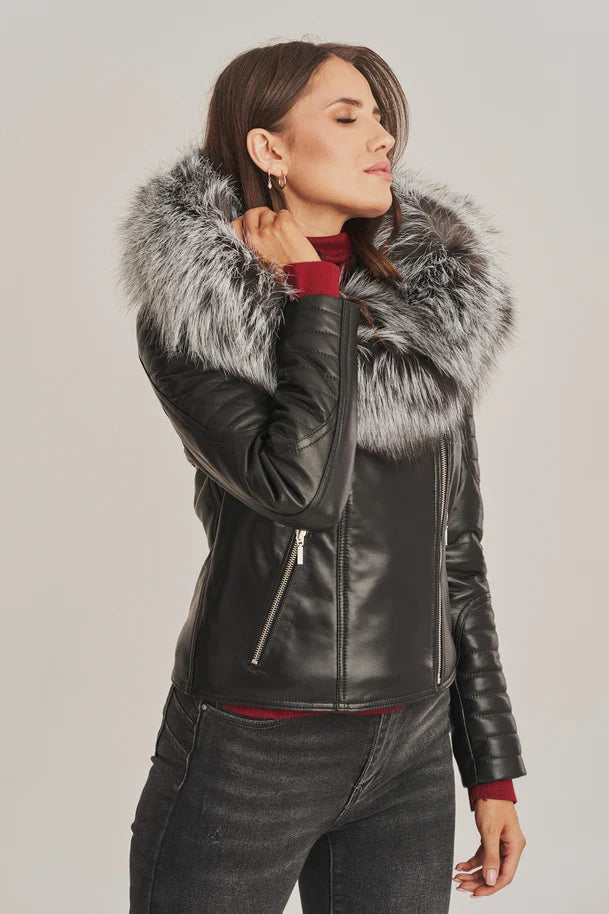 Cirelle - Women's Sheepskin Leather Jacket with Shearling Hooded