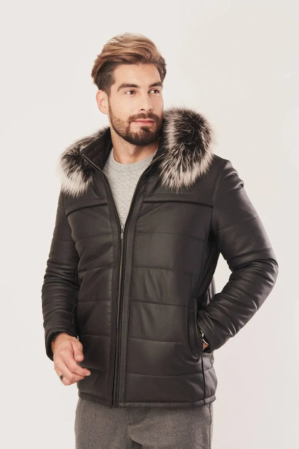 Dravenor - Men’s Black Leather Jacket with Hood and Fur Details