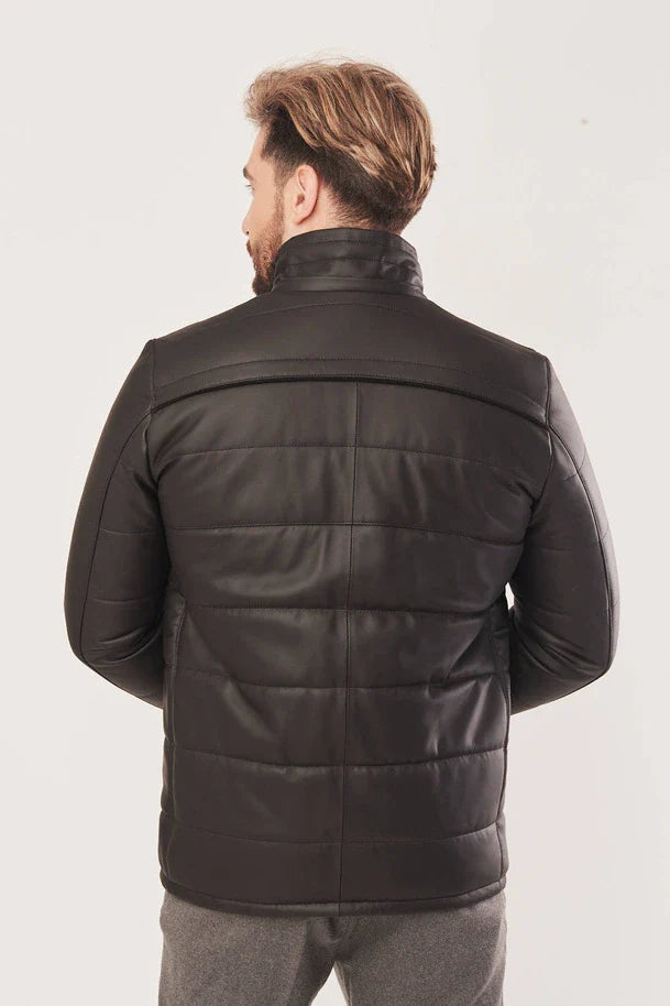 Dravenor - Men’s Black Leather Jacket with Hood and Fur Details