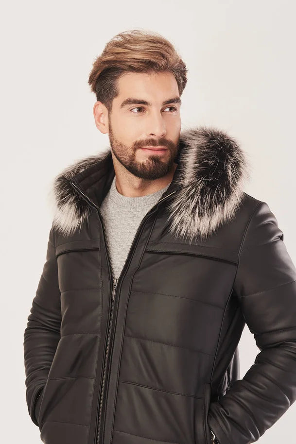 Dravenor - Men’s Black Leather Jacket with Hood and Fur Details