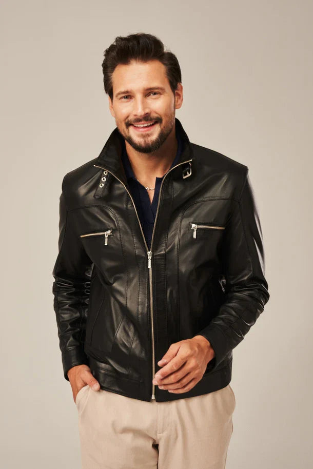 Elvric - Men's Black Sheepskin Leather Moto Jacket
