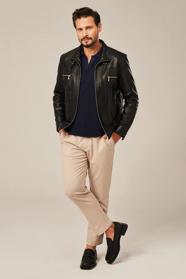 Elvric - Men's Black Sheepskin Leather Moto Jacket