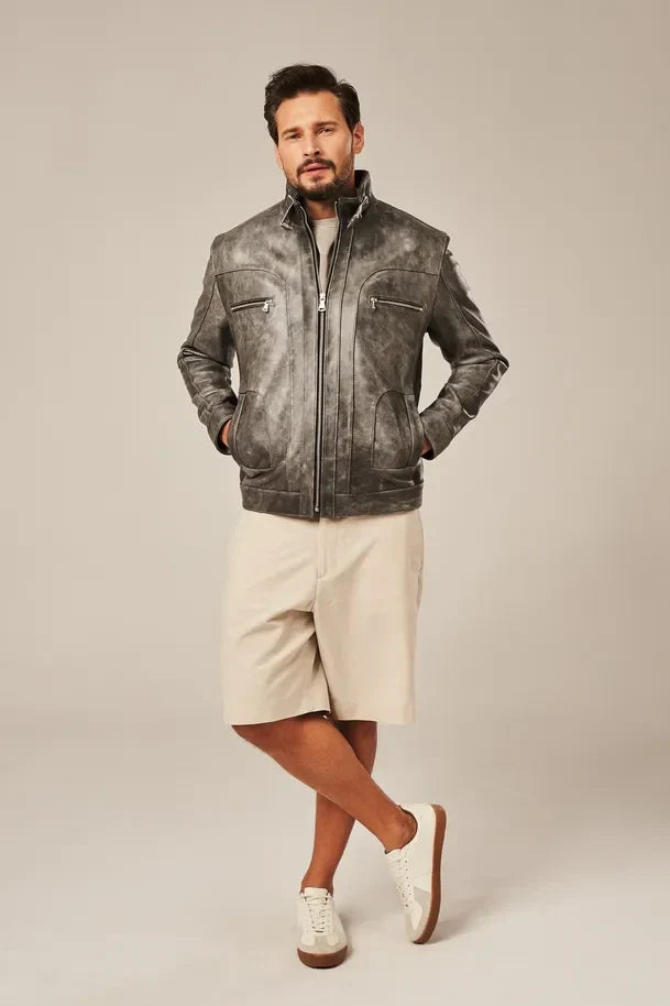 Jarex - Men’s Gray Leather Motorcycle Jacket