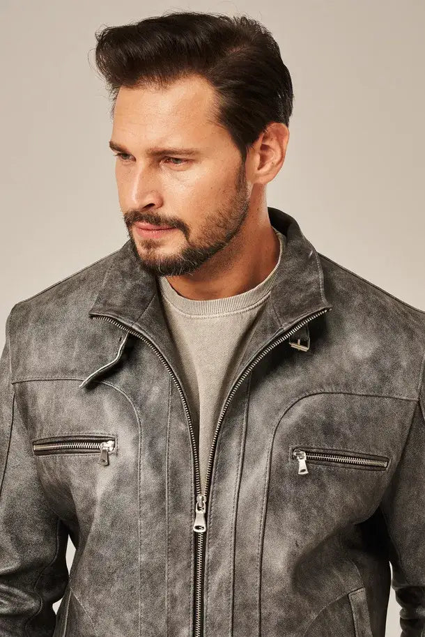 Jarex - Men’s Gray Leather Motorcycle Jacket