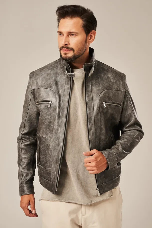 Jarex - Men’s Gray Leather Motorcycle Jacket
