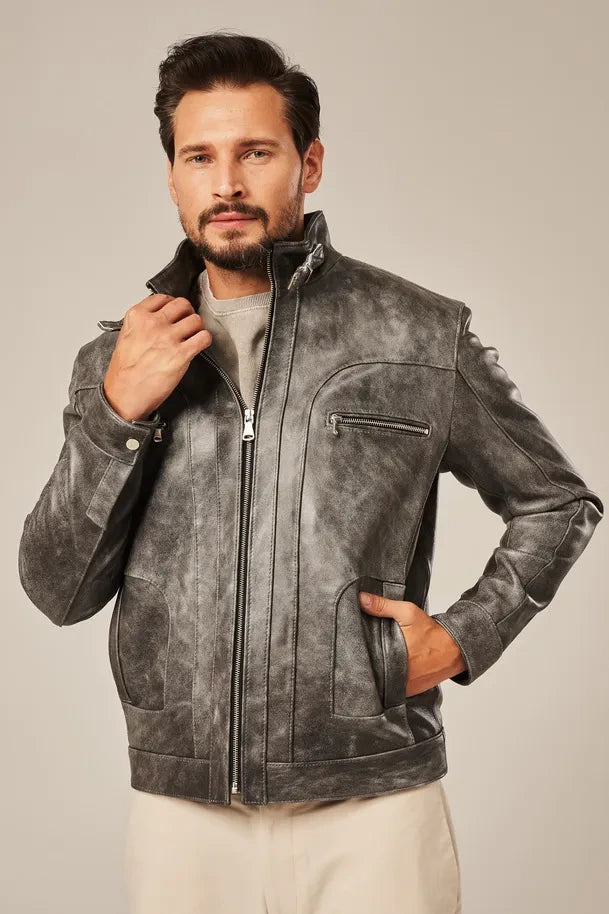 Jarex - Men's Gray Leather Motorcycle Jacket