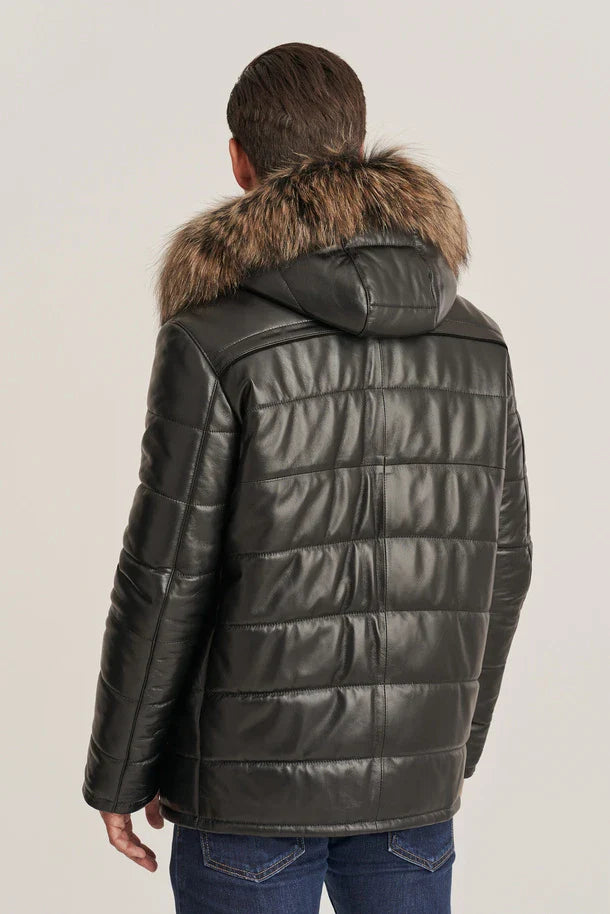 Jorik - Men's Puffer leather jacket with hood