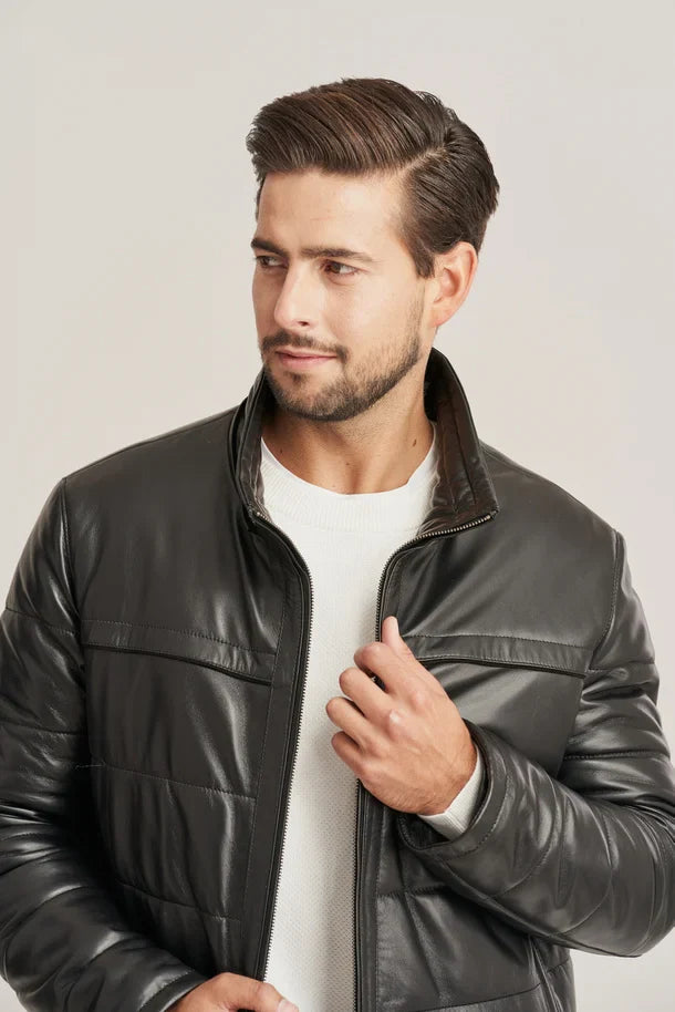 Jorik - Men's Puffer leather jacket with hood