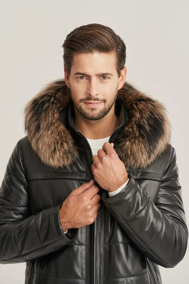 Jorik - Men's Puffer leather jacket with hood