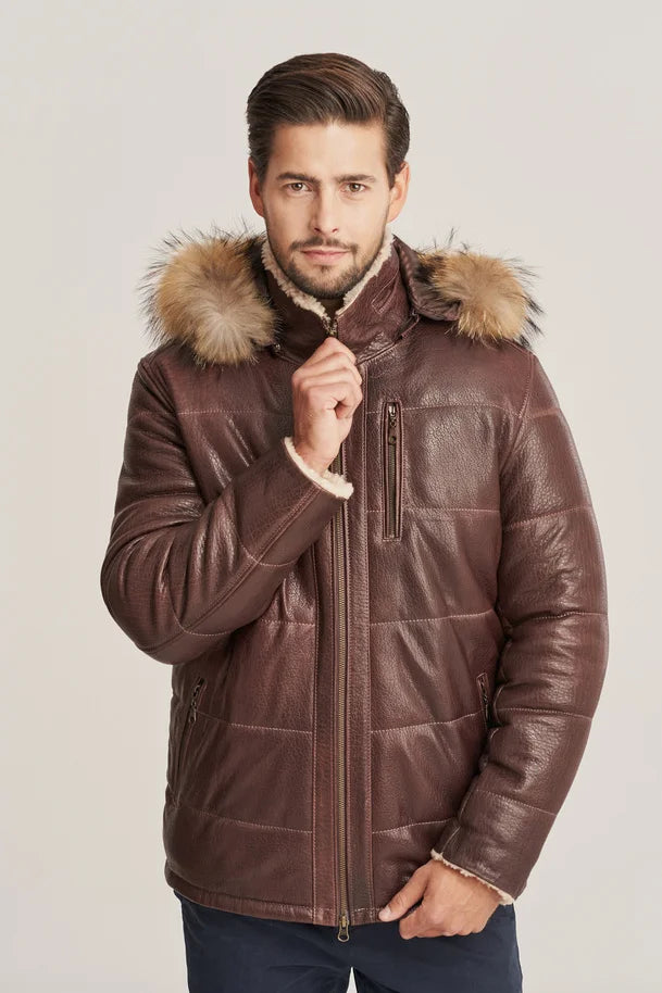 Loxen - Men’s Brown Shearling Leather Jacket with Fur Hood