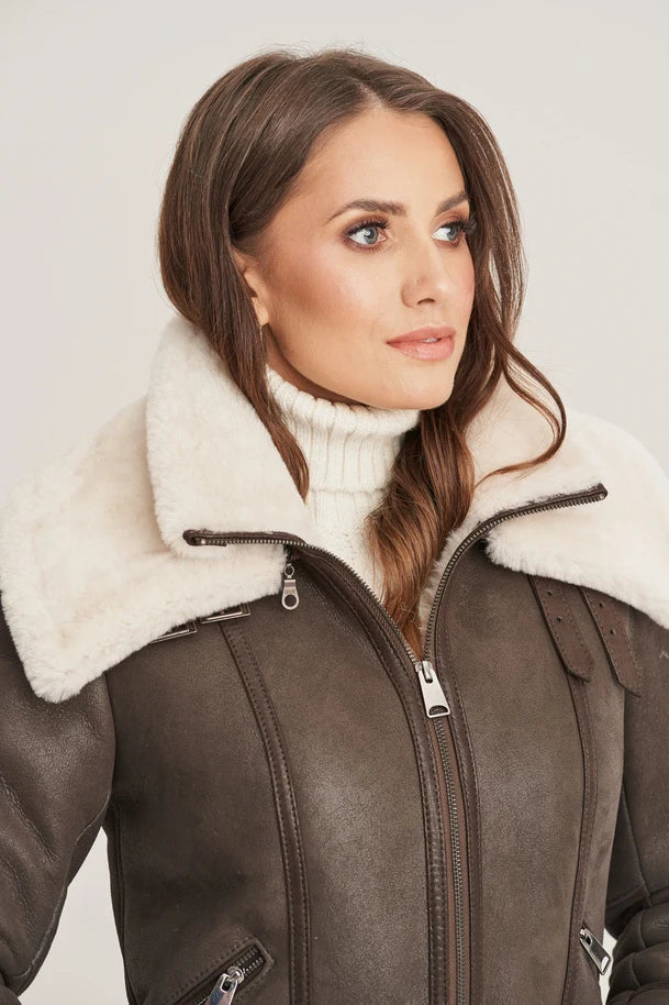 Lyra - Women's Sheepskin Dark Brown Shearling Jacket