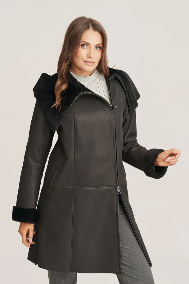 Mirella - Women's Shearling Black Leather Coat with Hood