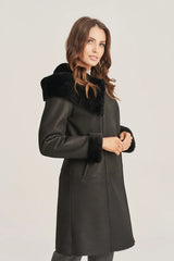 Mirella - Women's Shearling Black Leather Coat with Hood