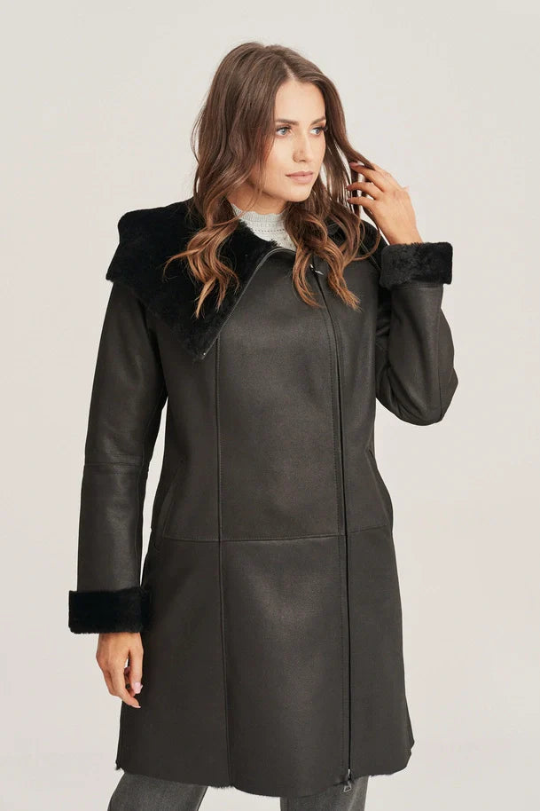 Mirella - Women's Shearling Black Leather Coat with Hood