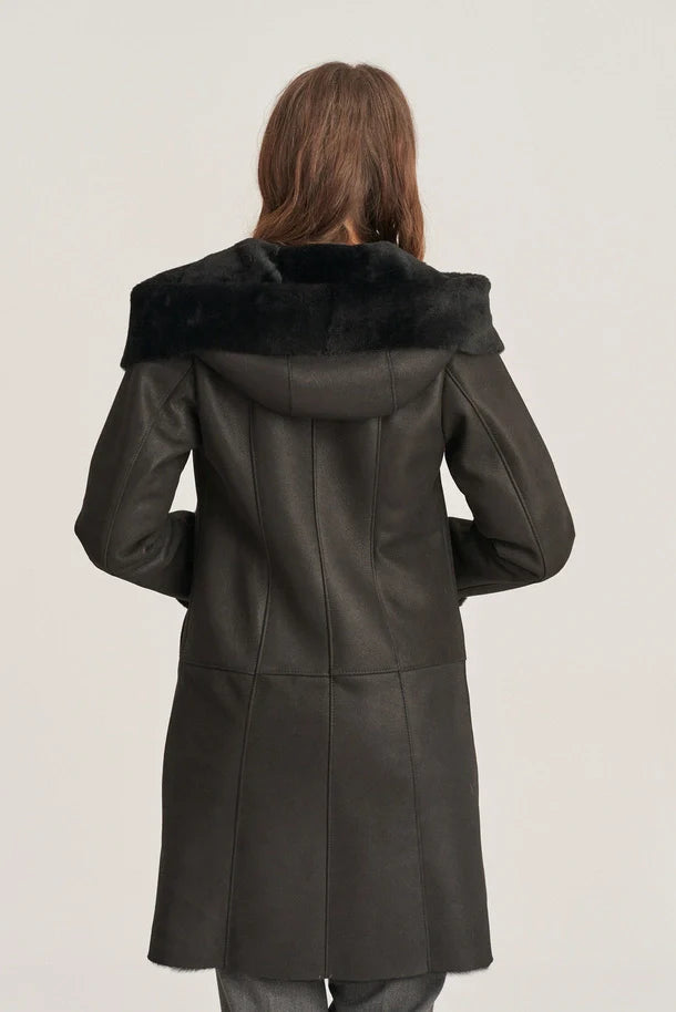 Mirella - Women's Shearling Black Leather Coat with Hood