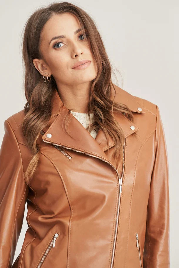 Mirelle - Women's Brown Biker Leather Jacket