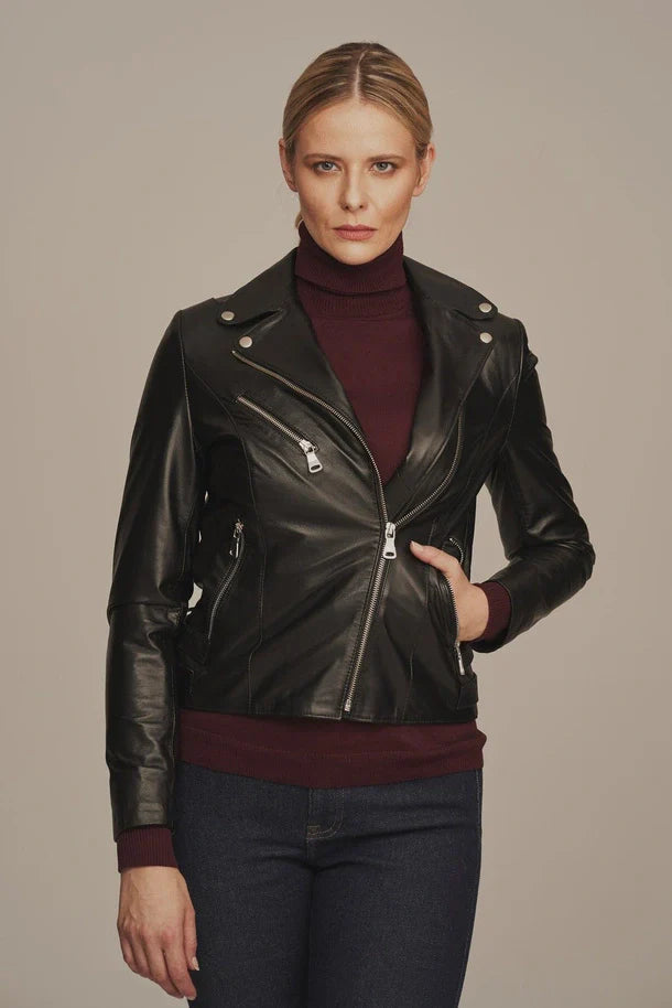 Noctelle - Women's Leather Sheepskin Biker Jacket Black