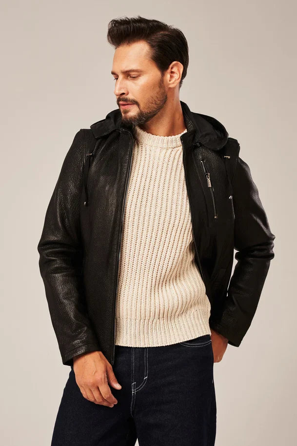 Rexton - Men's black Moto leather jacket with hood 