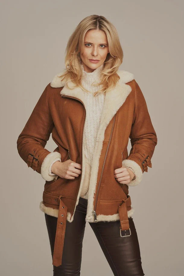 Selene - Women's Light Brown Aviator Shearling Leather Jacket
