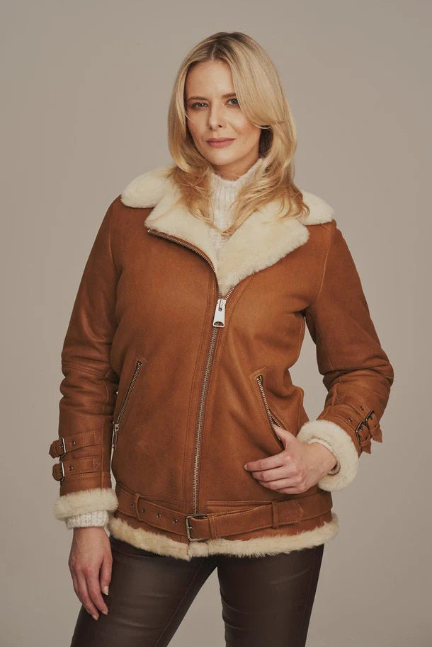 Selene - Women's Light Brown Aviator Shearling Leather Jacket
