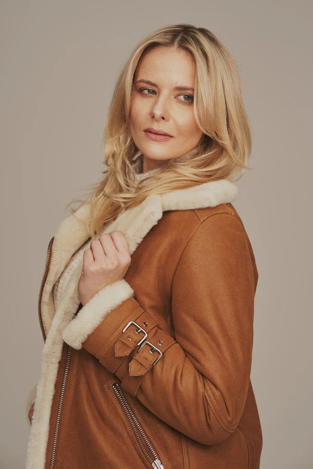 Selene - Women's Light Brown Aviator Shearling Leather Jacket