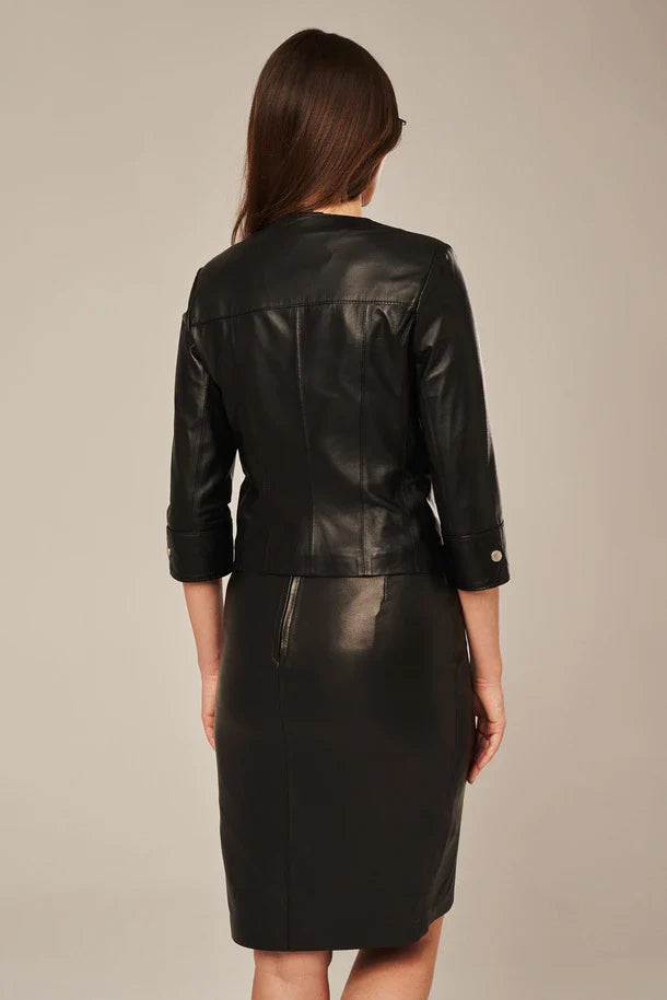 Solvyn - Women's Black Short Sleeves Cropped Leather Jacket