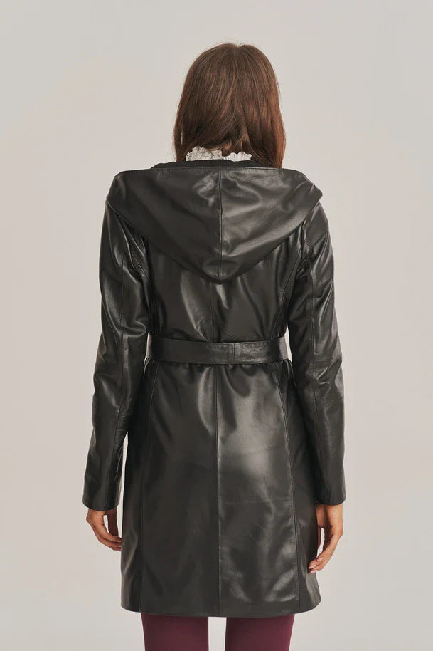 Velisse - Women’s Hooded Sheepskin Black Leather Coat with Belt