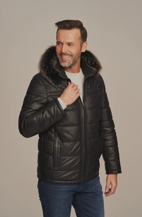 Zayrik - Men's Black Puffer Leather Jacket with Hood