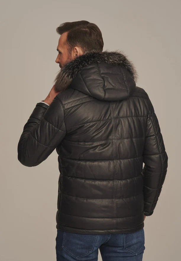 Zayrik - Men's Black Puffer Leather Jacket with Hood
