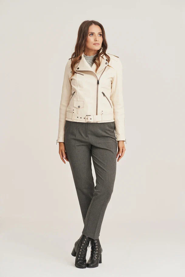 Zenyra - Women's Beige Biker Sheepskin Leather Jacket
