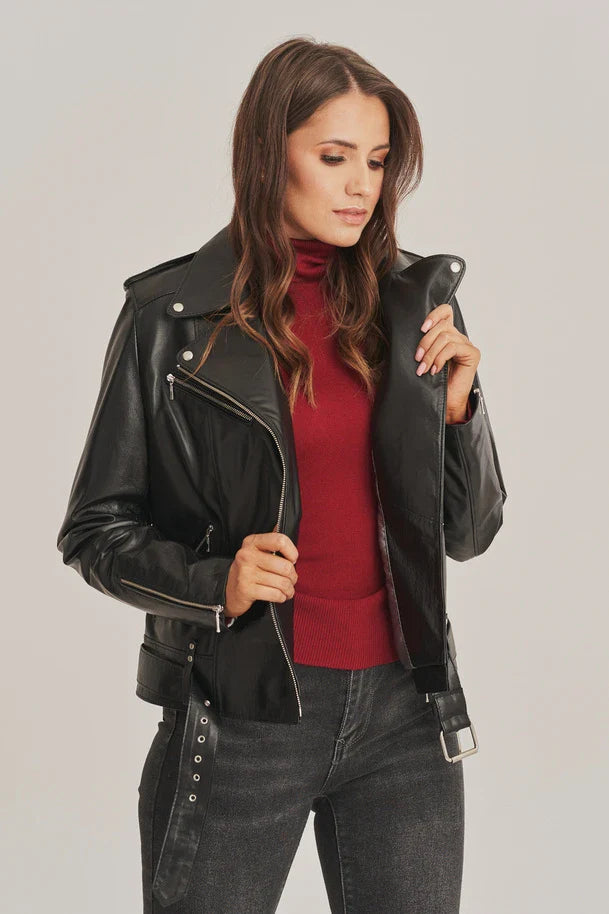 Zenyra - Women's Black Biker Sheepskin Leather Jacket