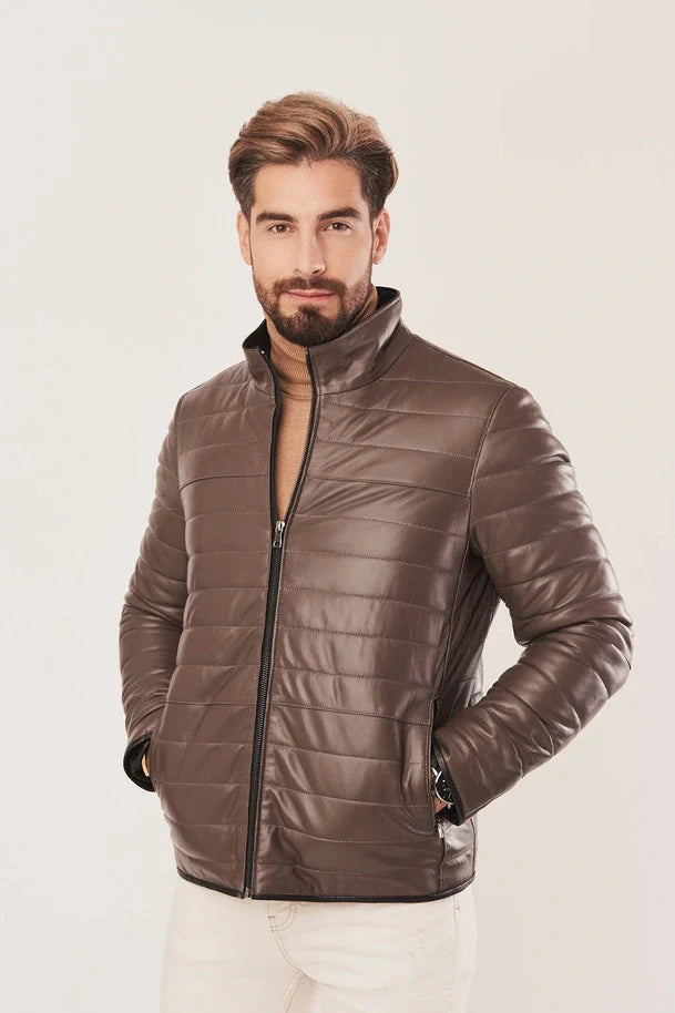 Blaine - Men's Light Brown Insulated Puffer Leather Jacket